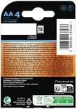 Verpakking met 4 Duracell Optimum AA batterijen, met productinformatie en recyclinginstructies.