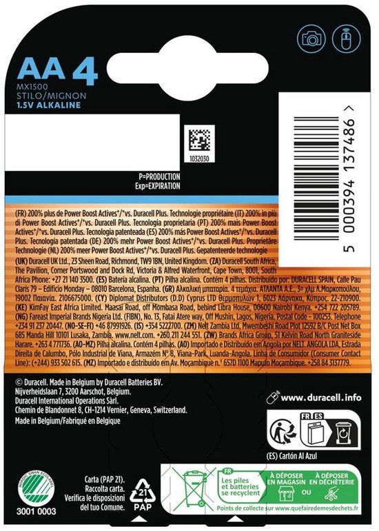Verpakking met 4 Duracell Optimum AA batterijen, met productinformatie en recyclinginstructies.