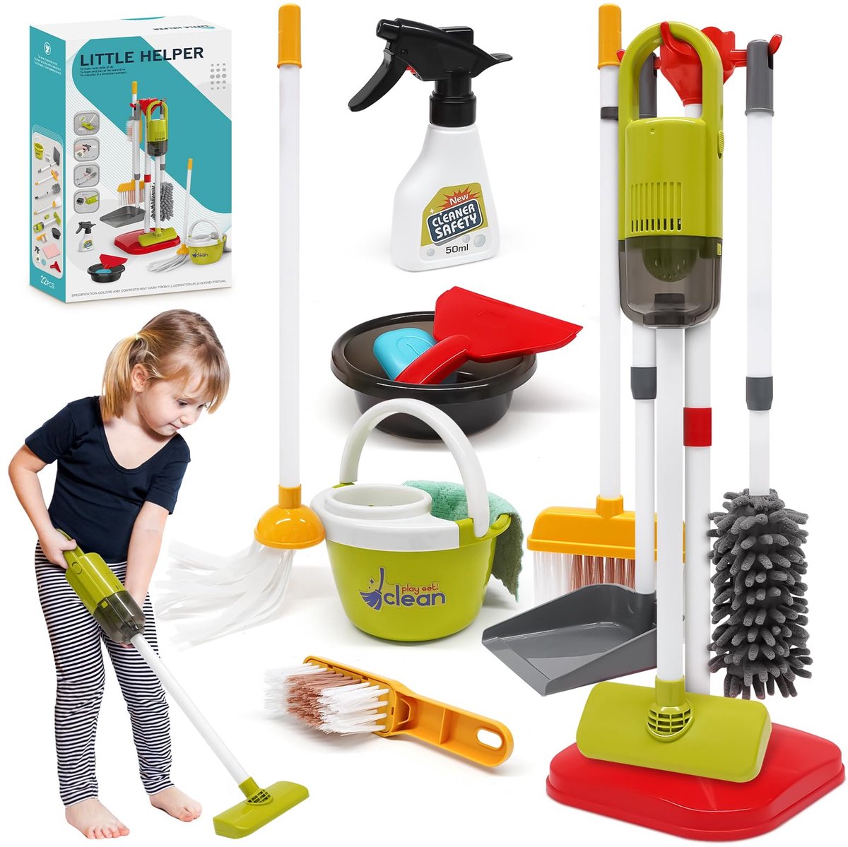 Speelgoedstofzuiger voor kinderen met zuig- en geluidsfunctie - Schoonmaakset voor kinderen - Speelgoedstofzuiger - Speelgoedbezemset voor kinderen vanaf 3 jaar
