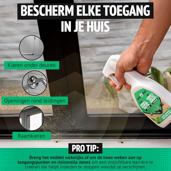 Wit sprayfles met groen etiket en tekst 'Bescherm elke toegang in je huis'. Toont kieren onder deuren, leidingen en raamkieren.
