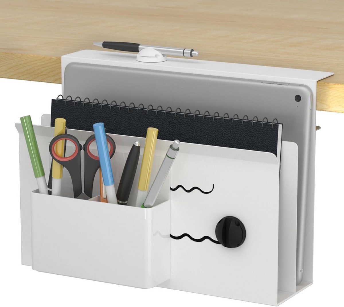 2-laags laptopopberghouder voor onder bureau – metalen tablet-organizer met kabelhouder en opbergtas