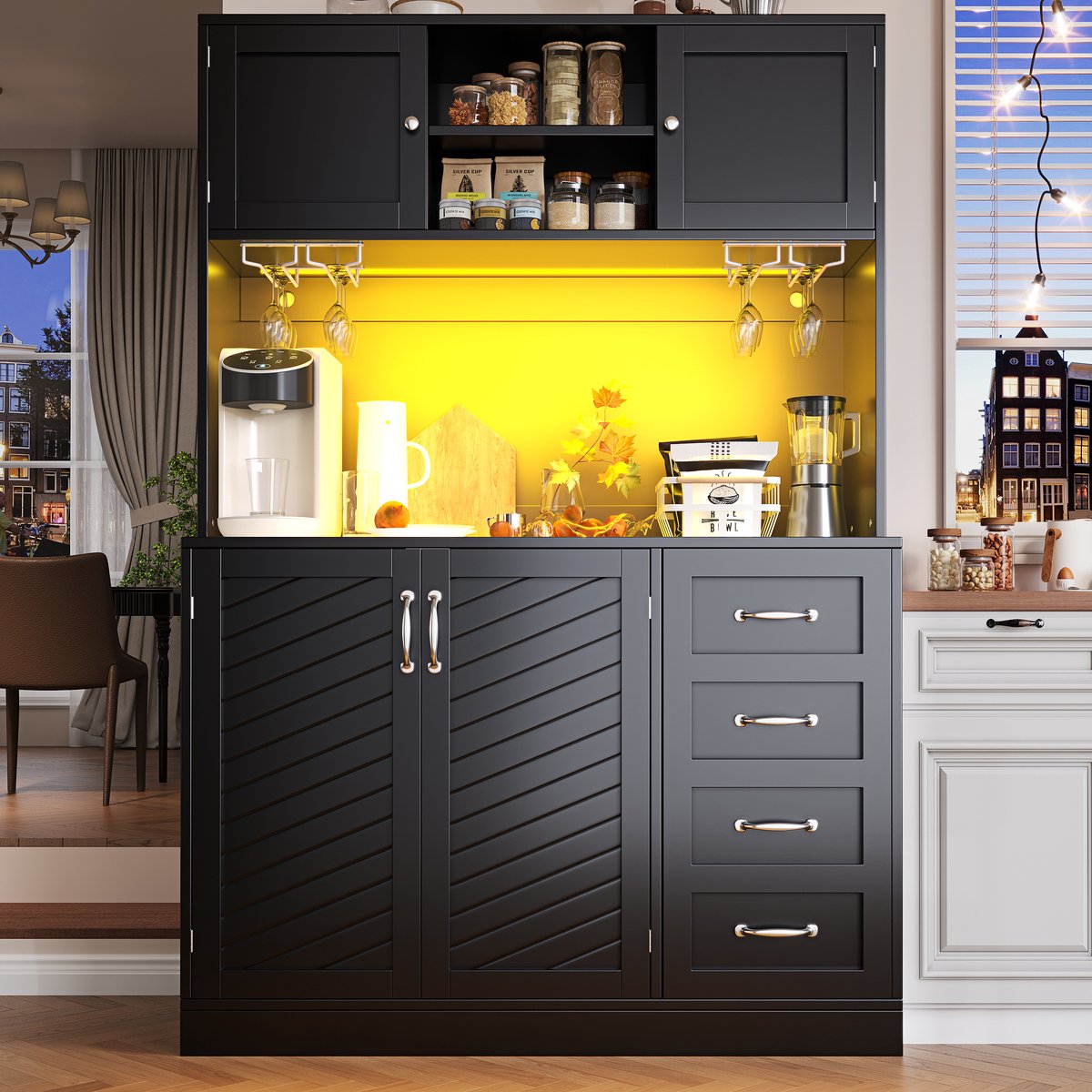 Wishdor Dressoir Opbergkast Met Ledverlichting - 4 Deuren En 2 Grote Lades - Met Drankhouders - Modern - Mdf - Zwart - 120 X 40 X 188 Cm