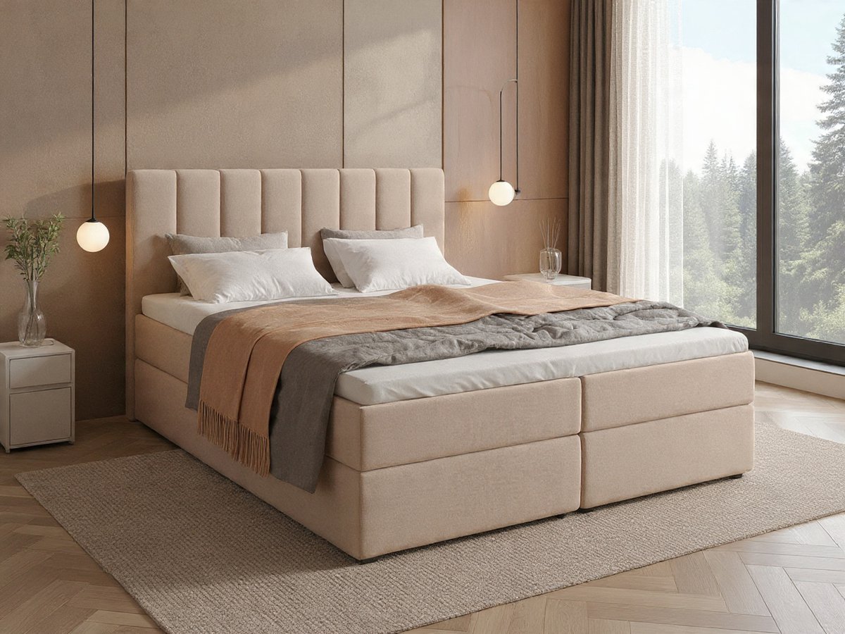 Dream Luxe Boxspringbed 140x200 cm – Compleet Slaapbed met Hoofdbord, Pocketvering Matras en Comfort Topmatras – Modern Hotel Boxspring Bed met Premium Stof Bekleding – Beige- Novihome