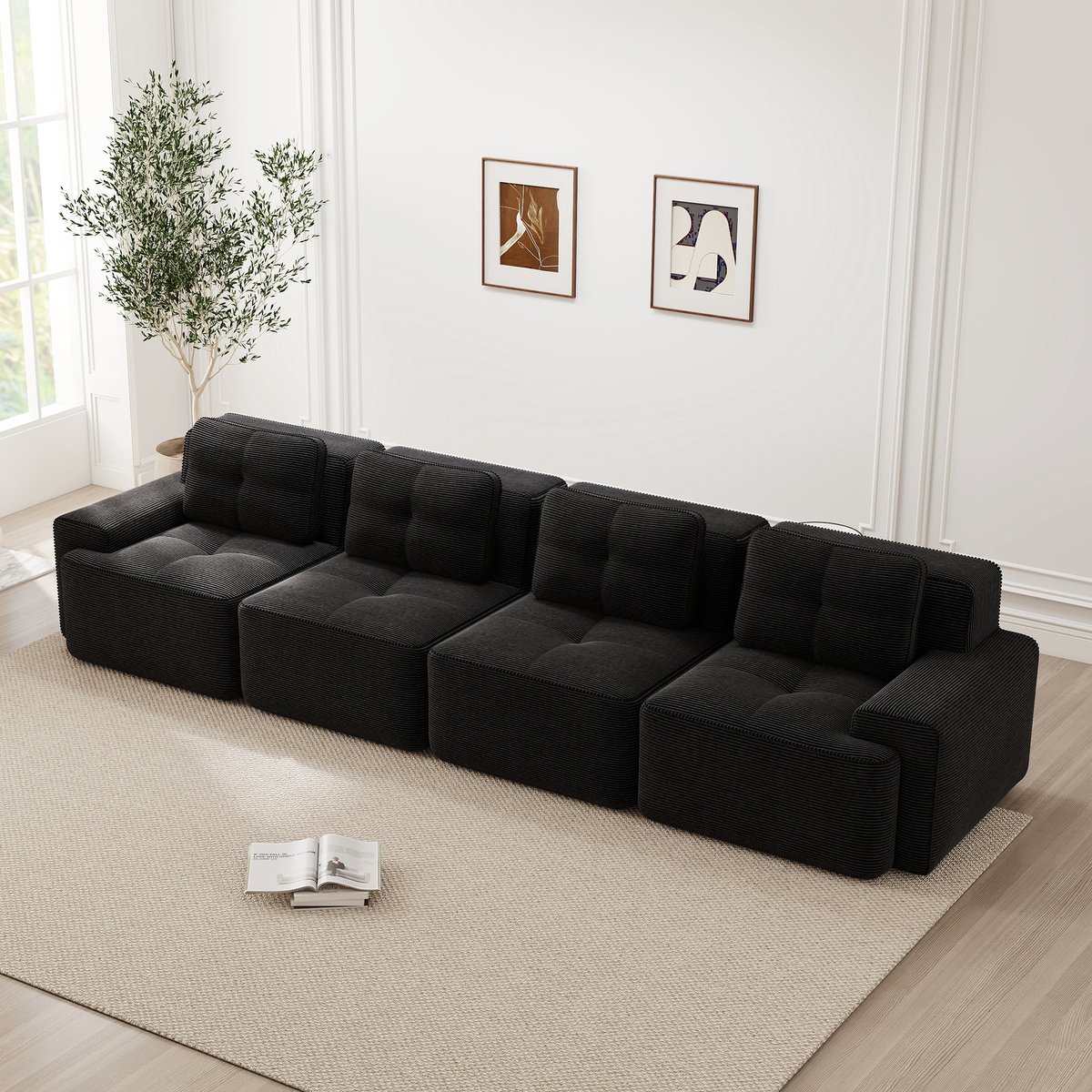 HAUSS SPOLE Modulaire Hoekbank 4-Zits - Diepe Zit 74 Cm - Antislip - Voor Woonkamer En Lounge - Corduroy - Zwart