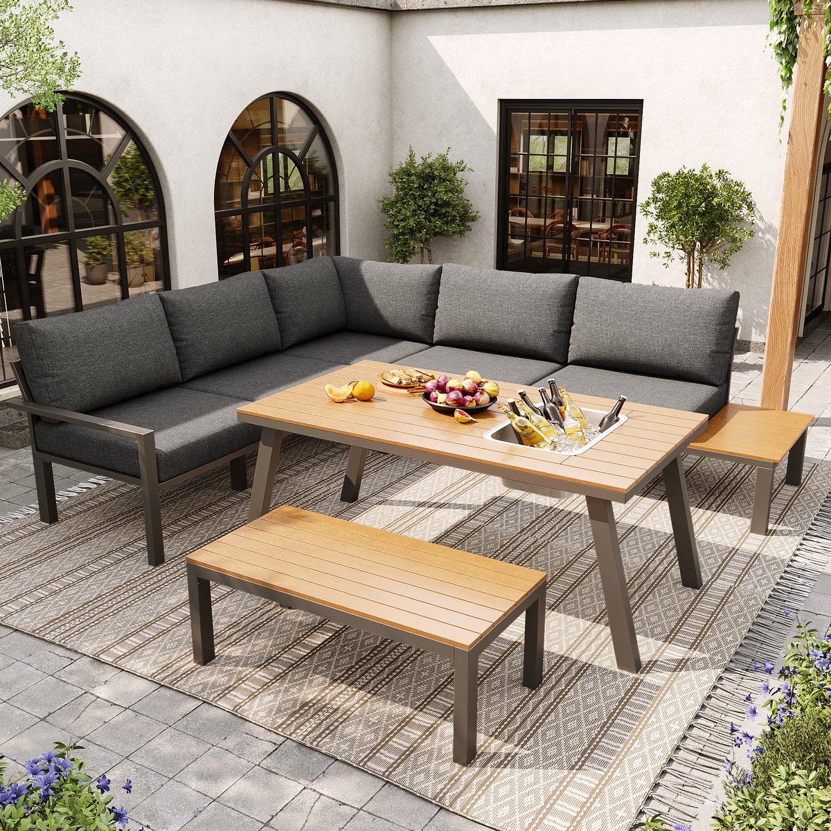 HAUSS SPOLE Loungeset 6-7 Personen 110x63,5x65 cm - Tafel Met Uitneembare IJsemmer - Voor Tuin Balkon Terras - Metaal Polyester - Grijs