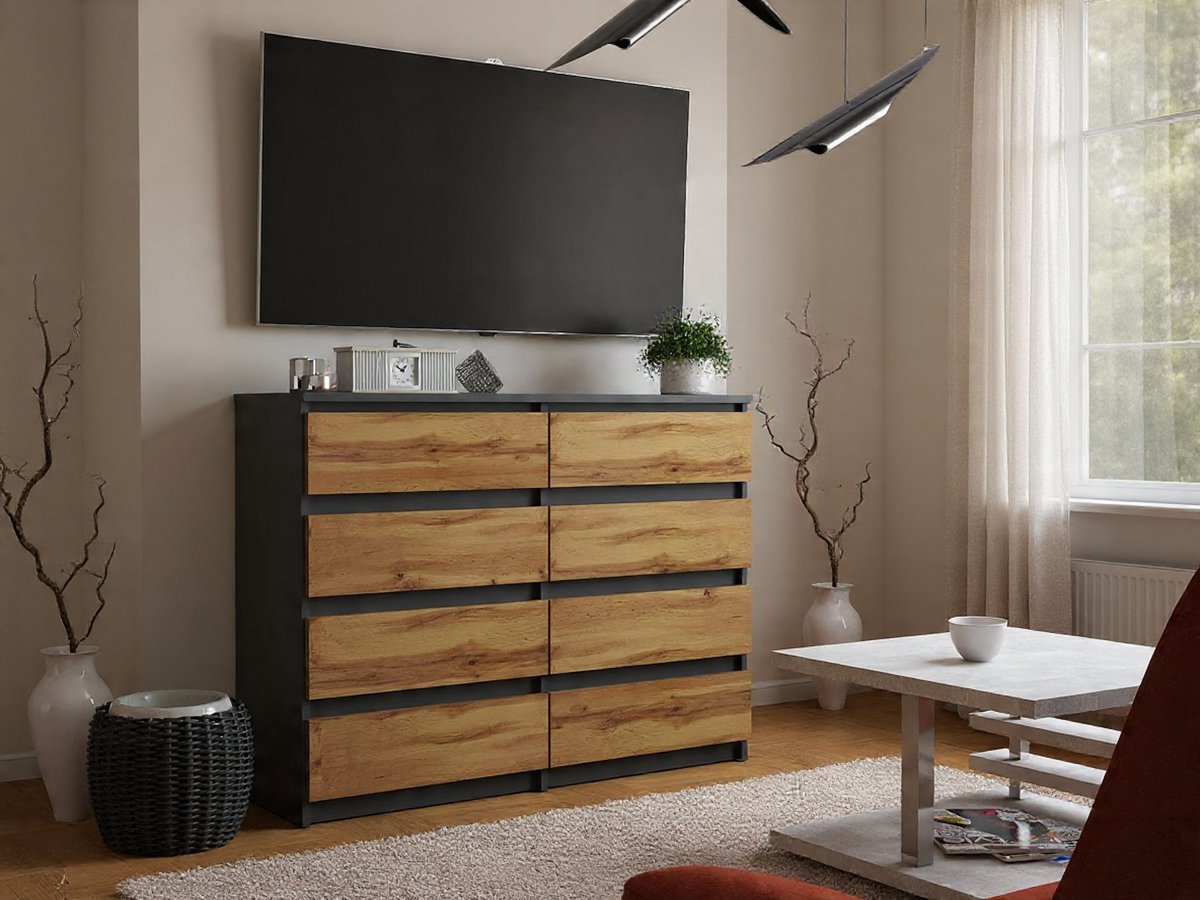 LUXOR 8-Lade Commode – 120 cm – Moderne Ladekast Matgrijs met Wotan Eiken Front – Grote Opbergkast voor Woonkamer, Slaapkamer en TV-Meubel – Kogelgeleiders, Duurzaam en Zelfmontage-NoviHome