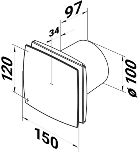 Technische tekening van een witte badkamerventilator met afmetingen: 150mm breed, 120mm hoog, 34mm diep, 97mm uitstekend, Ø100mm rond.