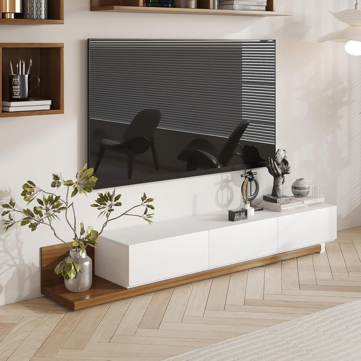 Uitschuifbaar TV Meubel 279,4 x 39,12 x 32 cm – Modern Entertainment Center tot 120 inch met 3 Lades, Verstelbaar 200–279 cm, Wit & Walnoot – Abkantoor