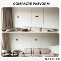 Twee foto's van een woonkamer met MAXXILED wandlampen, die de compacte pasvorm benadrukken.
