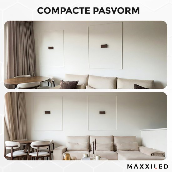 Twee foto's van een woonkamer met MAXXILED wandlampen, die de compacte pasvorm benadrukken.