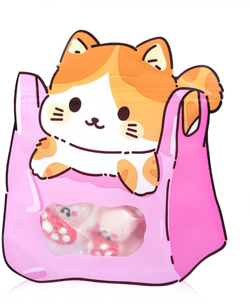 Ainy Schattige Uitdeelzakjes Kat roze 10 stuks - 25x26cm grote semi transparent cadeauzakjes - hersluitbare zakjes met ziplock geschikt als traktatie, uitdeelcadeautjes en snoepzakje cadeauverpakkingen bij kinderfeestje