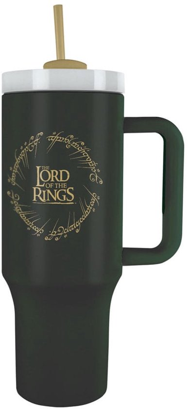 Donkergroene "Lord of the Rings" beker met gouden Elfenschrift-logo en handvat.