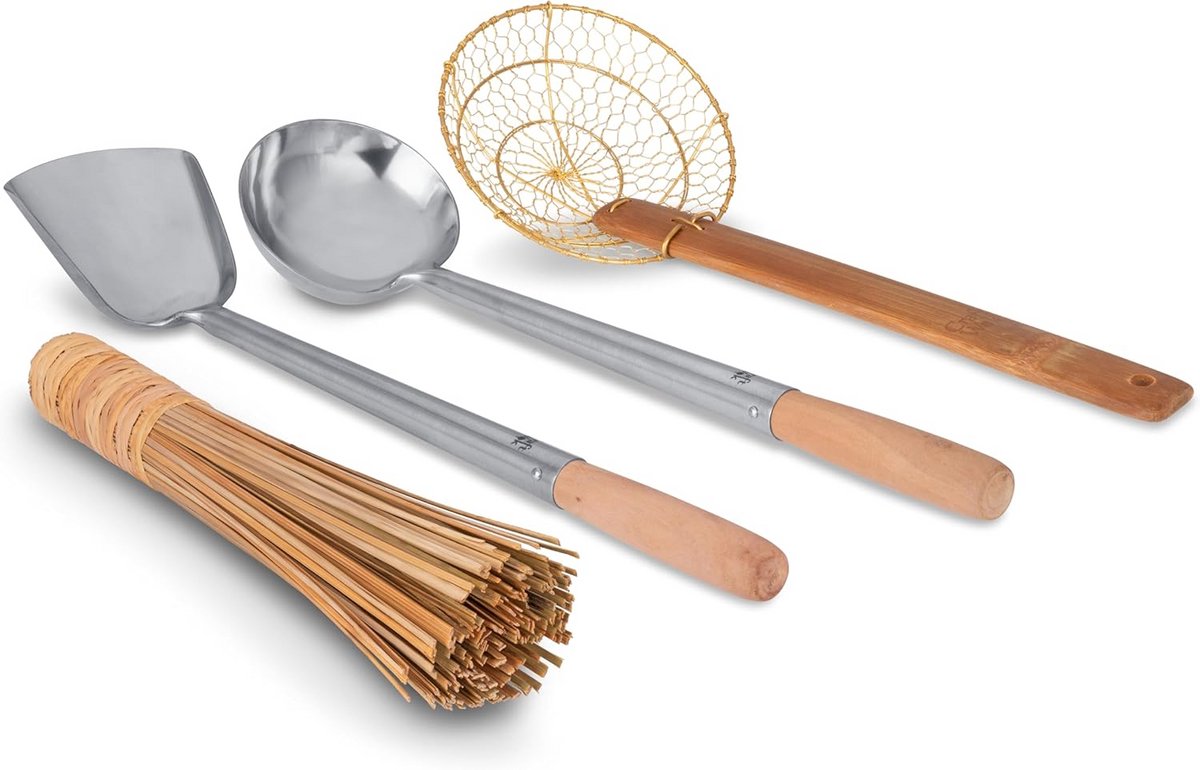 Wok Gereedschap Set van 4 Stukken - Lepel, Spatel, Zeef en Borstel met Houten Handgrepen