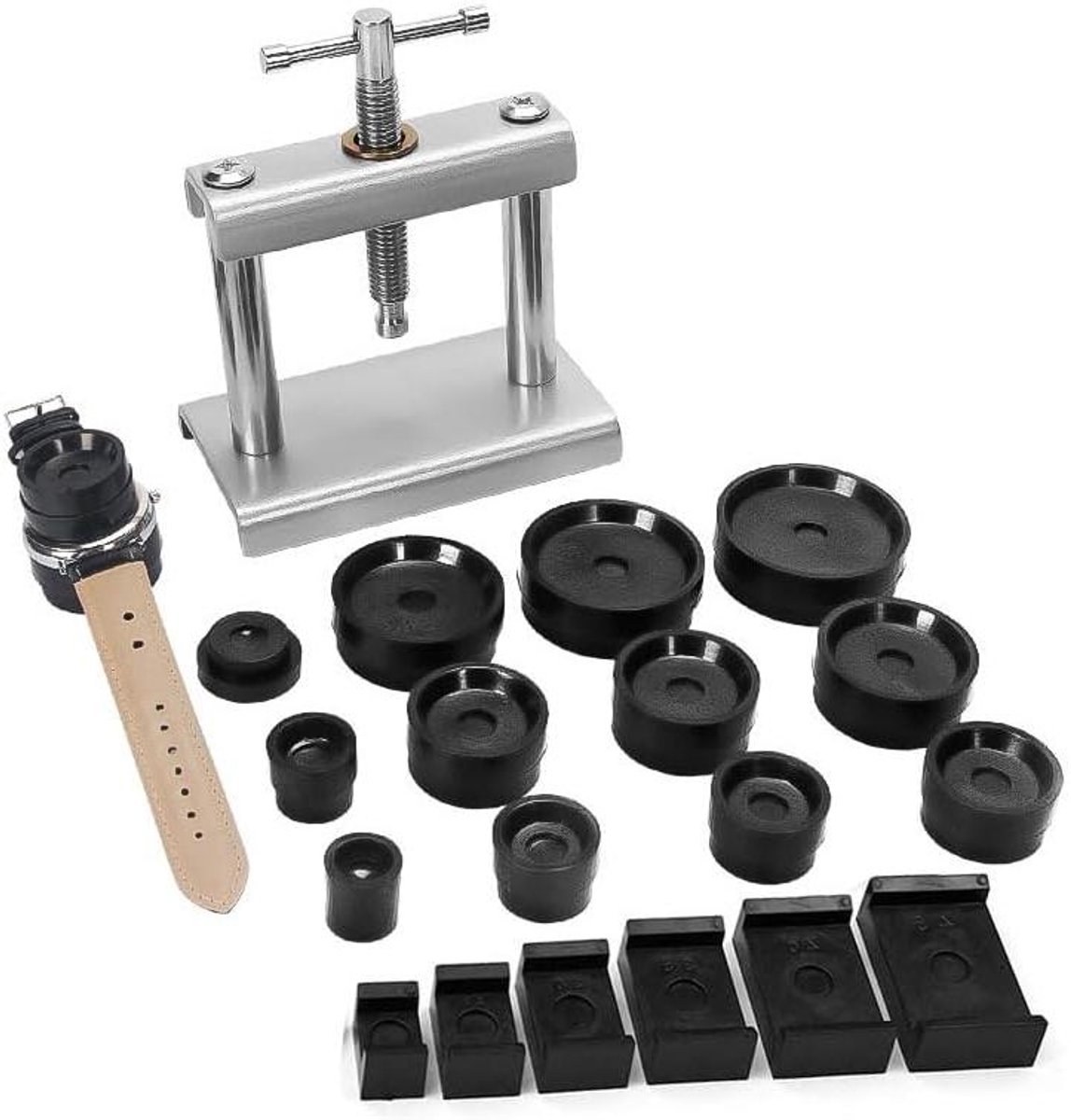 Horloge reparatie gereedschapsset met 18 drukvormen - Horlogepers voor horlogemakers - Inclusief reparatiegereedschap voor drukveren en sluitsystemen