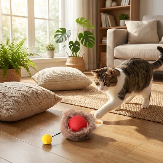 Kattenmodel speelt met een bruin pluizig speeltje met rode bal en gele pompon.