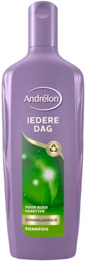 Paarse fles Andrelon shampoo 'Iedere Dag', met groene label en zonnebloemillustratie.