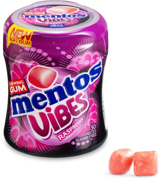 Mentos Vibes Raspberry kauwgom. Paarse verpakking met roze bloemenmotief en logo. 30 suikervrije stukjes.