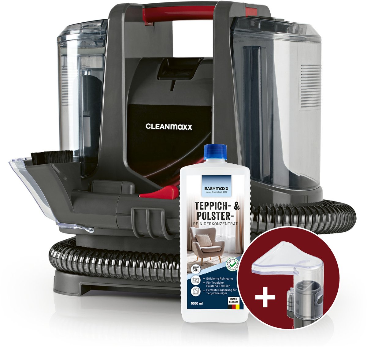 CLEANmaxx tapijtreiniger en bekledingsreiniger Compact Plus | Waszuiger incl. EASYmaxx tapijtreiniger middel | Natte stofzuiger en reiniger voor waszuigers, geschikt voor banken, auto's, tapijten, bekleding enz.