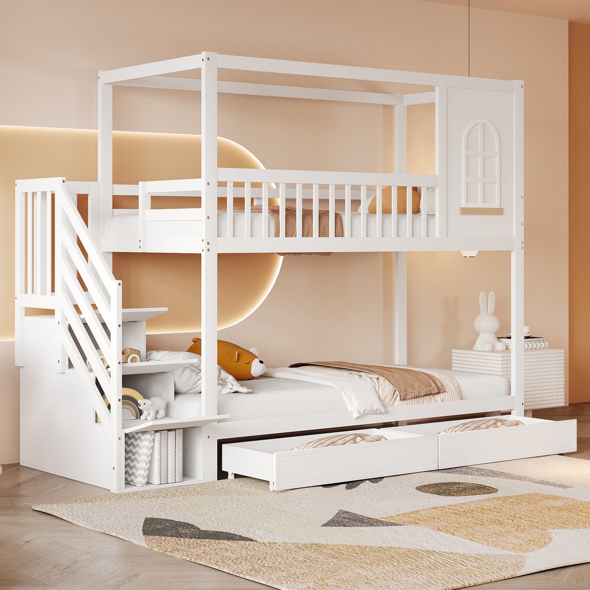 Stapelbed - 90x200 cm - Huisbed met Ramen - Lades & Veiligheidsladder - Massief Hout - Wit