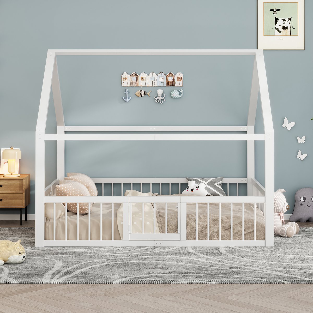 Kinderbed - 140x200 cm - Huisbed Frame - met Hekje & Sierlijsten - Metaal - Wit