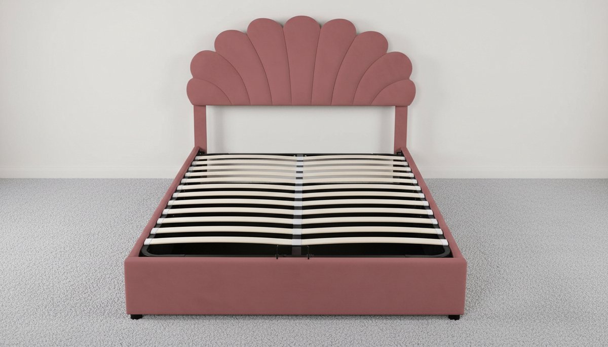 Tienerbed 140x200 cm met Hydraulische Opbergruimte – Casa Velluto Luna Velvet Bed – Verstelbaar Hoofdeinde – Roze Fluweel – Houten Lattenbodem – Gestoffeerd Tweepersoonsbed