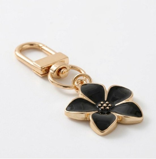 Porte-clés fleurs noir et couleur or avec clip en métal et pendentif fleur – porte-clés pour femmes et hommes – chaîne de clés décorative avec fleur noire et finition couleur or