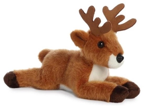 Peluche renne marron avec bois, pattes marron et poitrine blanche. Allongée sur le ventre.
