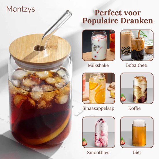 Montzys® Tasse à Café en Verres - 2 pièces - Tasse à boire 500 ml - Tasse à café - Glas à cocktail et à café glacé - Tasse à thé - Avec Pailles et Batteurs en Verres