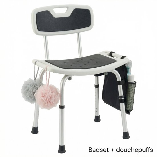 BY JRM® Douchekruk - Douchestoel - Incl. badset, douche puff, douchekophouder - Met Armleuning - Hoogte Verstelbaar - Antislip - Zwart