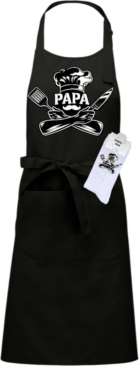 Keukenschort en sokken met tekst - Giftset - Papa kok - Moederdag - Vaderdag - Zwart - Verstelbaar - Cadeau idee - Verjaardag - Cadeau dames en heren - Liefste Opa en Oma cadeau - Kerst cadeau - Grappig cadeau - Onesize