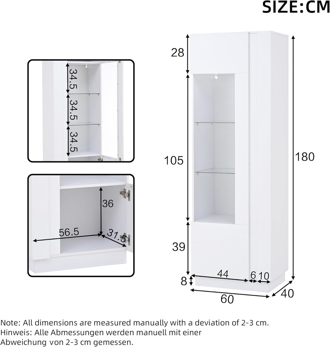 Vitrinekast – Casa Velluto LED Glazen Vitrine Hoogglans Wit met Acryldeur en 3 Glazen Planken – Boekenkast, Verzamelvitrine en Staande Kast voor Woonkamer, Slaapkamer of Kantoor – 180 cm Hoog