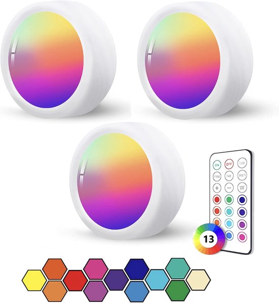 JOFLVA 4 Pack LED Cabinet Lights – RGBW Under‑Cabinet Verlichting Set met Afstandsbediening – Draadloze Batterij‑LED‑Spotlights, Dimbaar & Flexibel