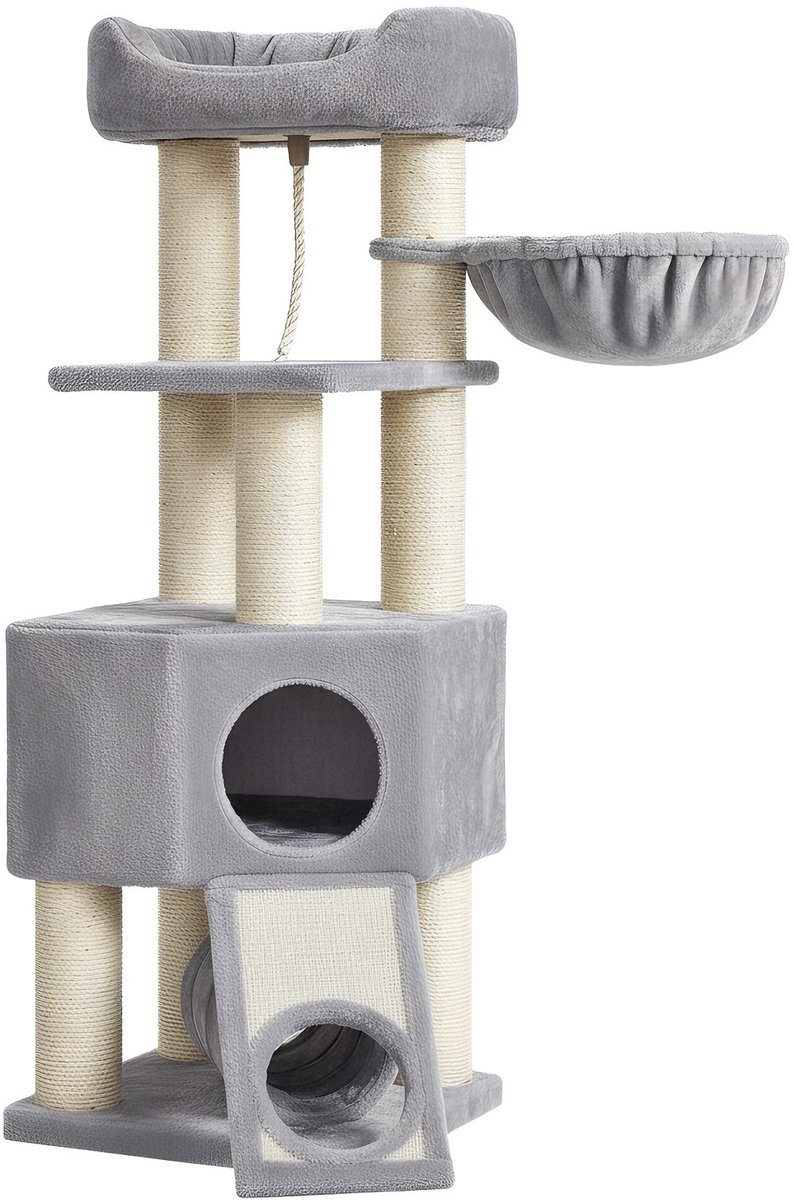 Krabpaal - Met Grot Hangmat Pluche - Krabplank - 50 x 50 x 141cm - Lichtgrijs
