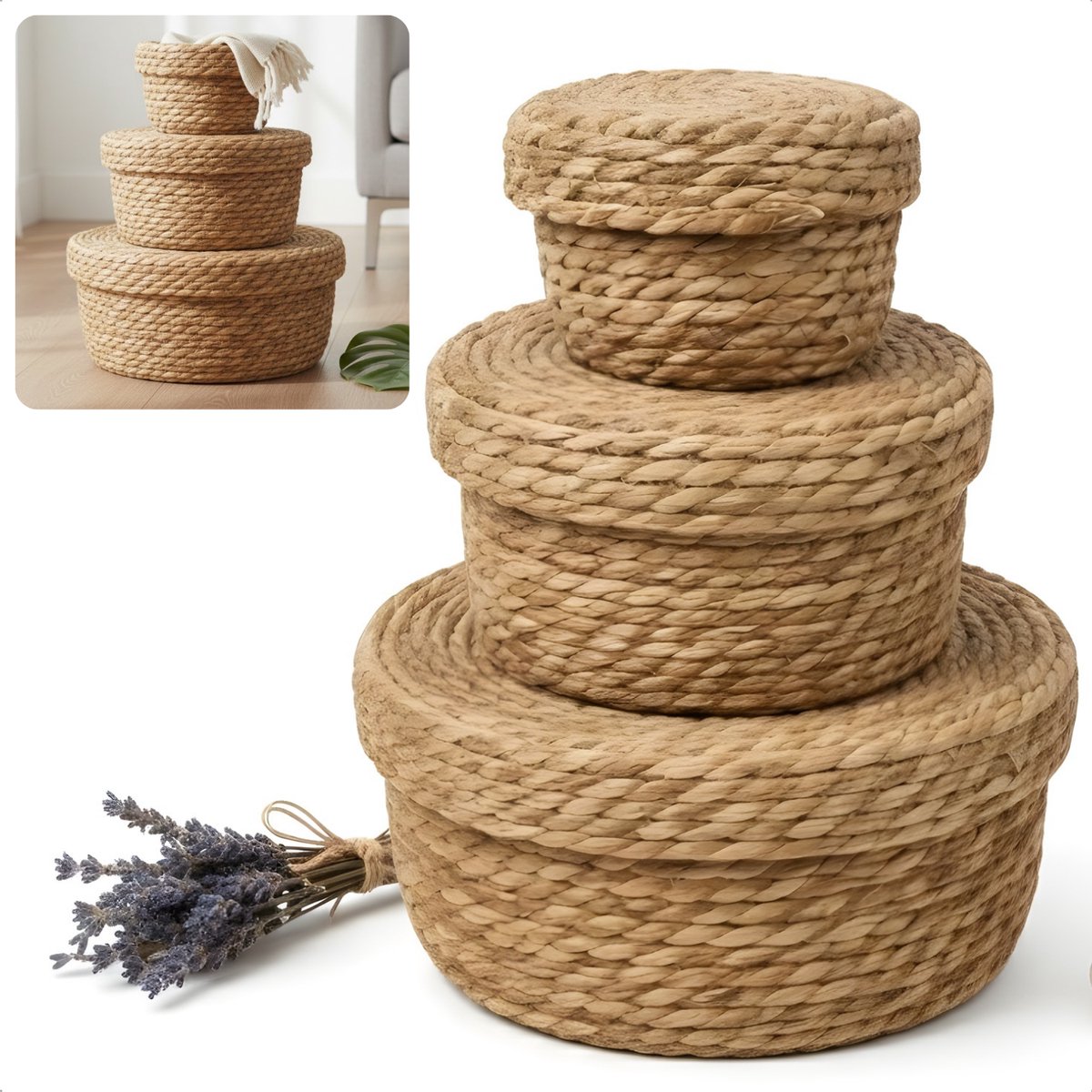 Cheqo® Opbergmand Met Deksel - Mand Met Deksel - Ronde Opbergmand Met Deksel - Opbergmand Set - Set Opbergmanden Met Deksel - Manden Set Met Deksel - Opbergmandjes Met Deksel - Mandjes Met Deksel - Bruine Opbergmand Met Deksel
