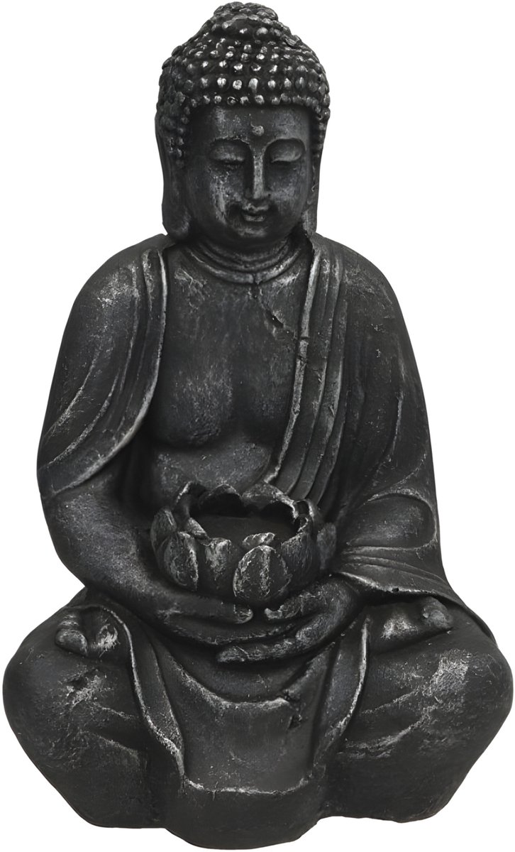 Gerimport Boeddha beeld Kalu - binnen / buiten - kunststeen - antraciet - 25 x 40 cm - huis en tuin beelden