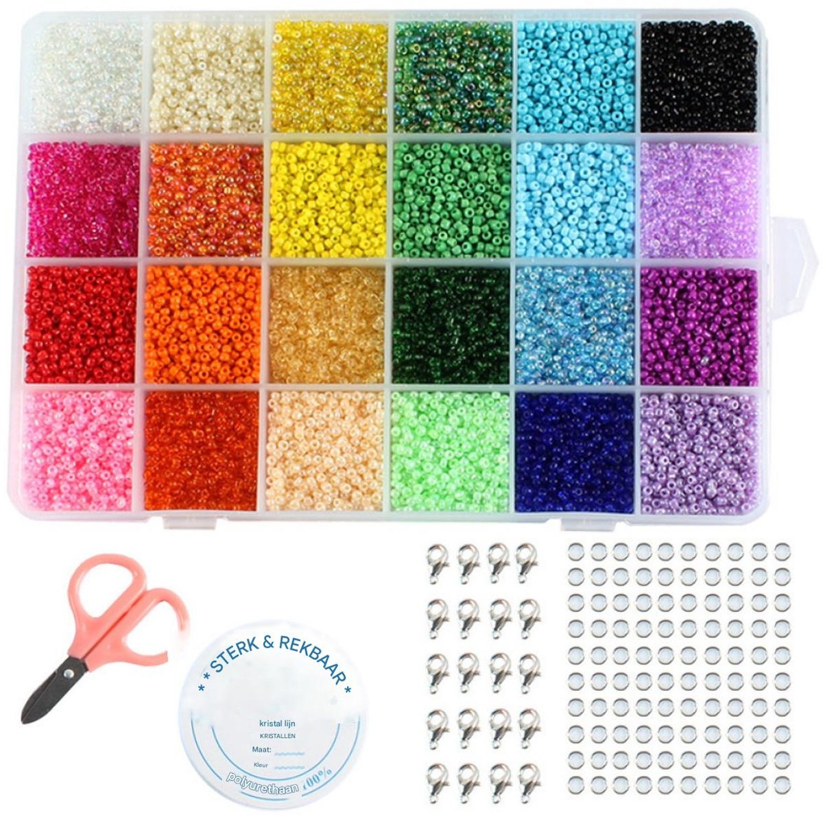 GELLDG Glaskralen - DIY Sieraden maken - Kralen Set - Rocailles - Bedels - Letterkralen - 1000 Glaskralen Set Deluxe - Kleine glaskralen - geschikt voor het maken van sieraden en knutselwerkjes - 24Kleuren - 2mm