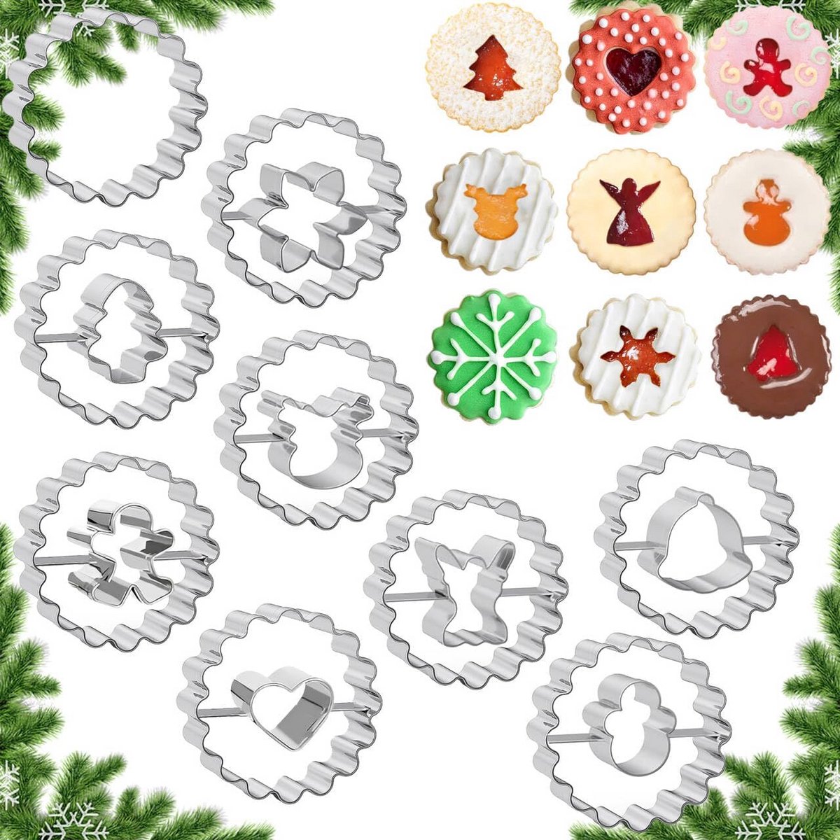 Set van 9 Kerstkoekjesvormen Roestvrij Staal Ronde Mini Uitstekers