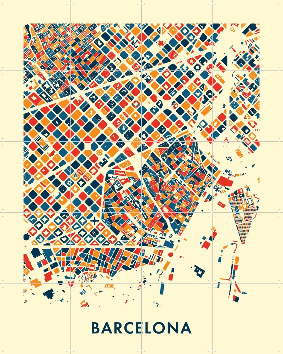 IXXI Barcelona Mosaic City Map, Kunst in Kaart - 80 x 100 cm - Gratis ophangtool - Grote wanddecoratie en posters - Geometrische Kunst, Illustraties