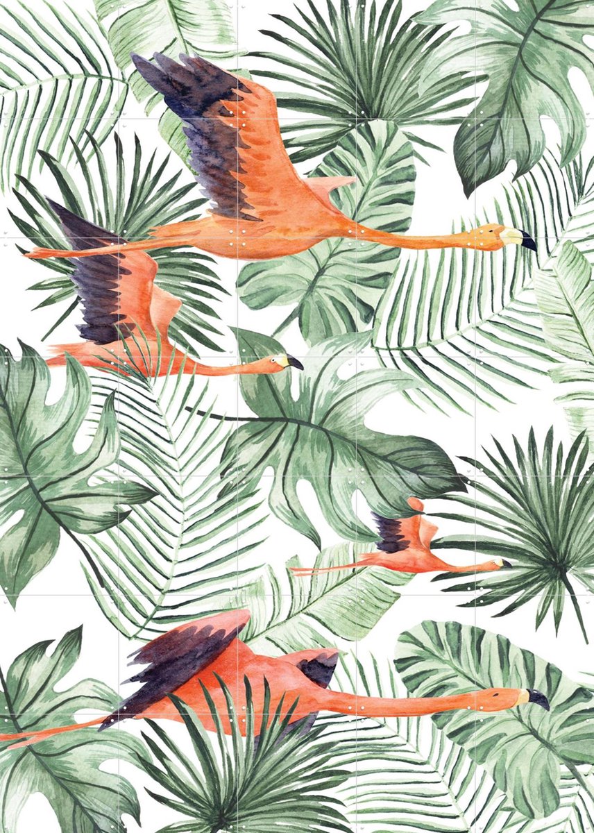 IXXI Flamingo Flight, Creative Lab Amsterdam - 100 x 140 cm - Gratis ophangtool - Grote wanddecoratie en posters - Kleurrijk, Illustraties, Badkamer