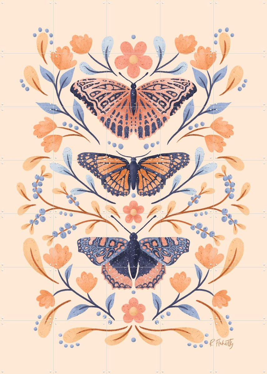 IXXI Floral Butterflies, Rebecca Flaherty - 100 x 140 cm - Gratis ophangtool - Grote wanddecoratie en posters - Kleurrijk, Illustraties, Speels