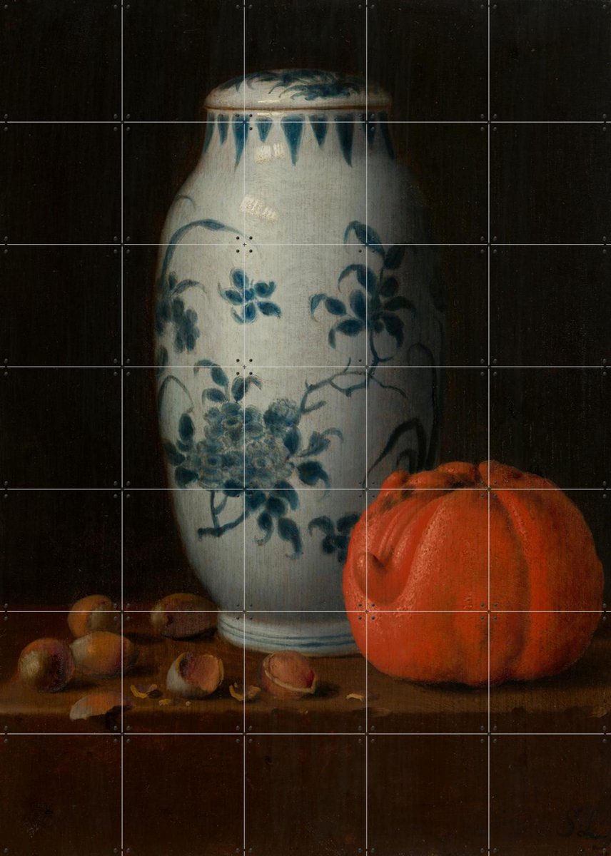 IXXI Stilleven met Chinese dekselpot, hazelnoten en sinaasappel, Simon Luttichuys & Mauritshuis - 100 x 140 cm - Gratis ophangtool - Grote