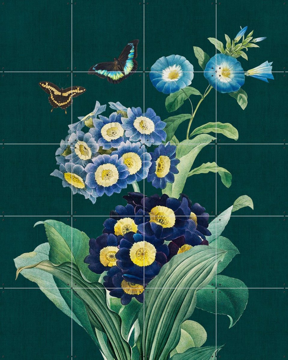 IXXI Teal Florals and Butterflies, Bloomery Decor - 80 x 100 cm - Gratis ophangtool - Grote wanddecoratie en posters