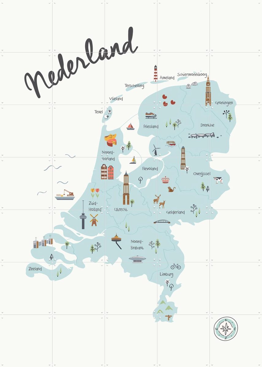 IXXI The Netherlands Kids Map blue, Little Small & Kunst in Kaart - 100 x 140 cm - Gratis ophangtool - Grote wanddecoratie en posters - Illustraties