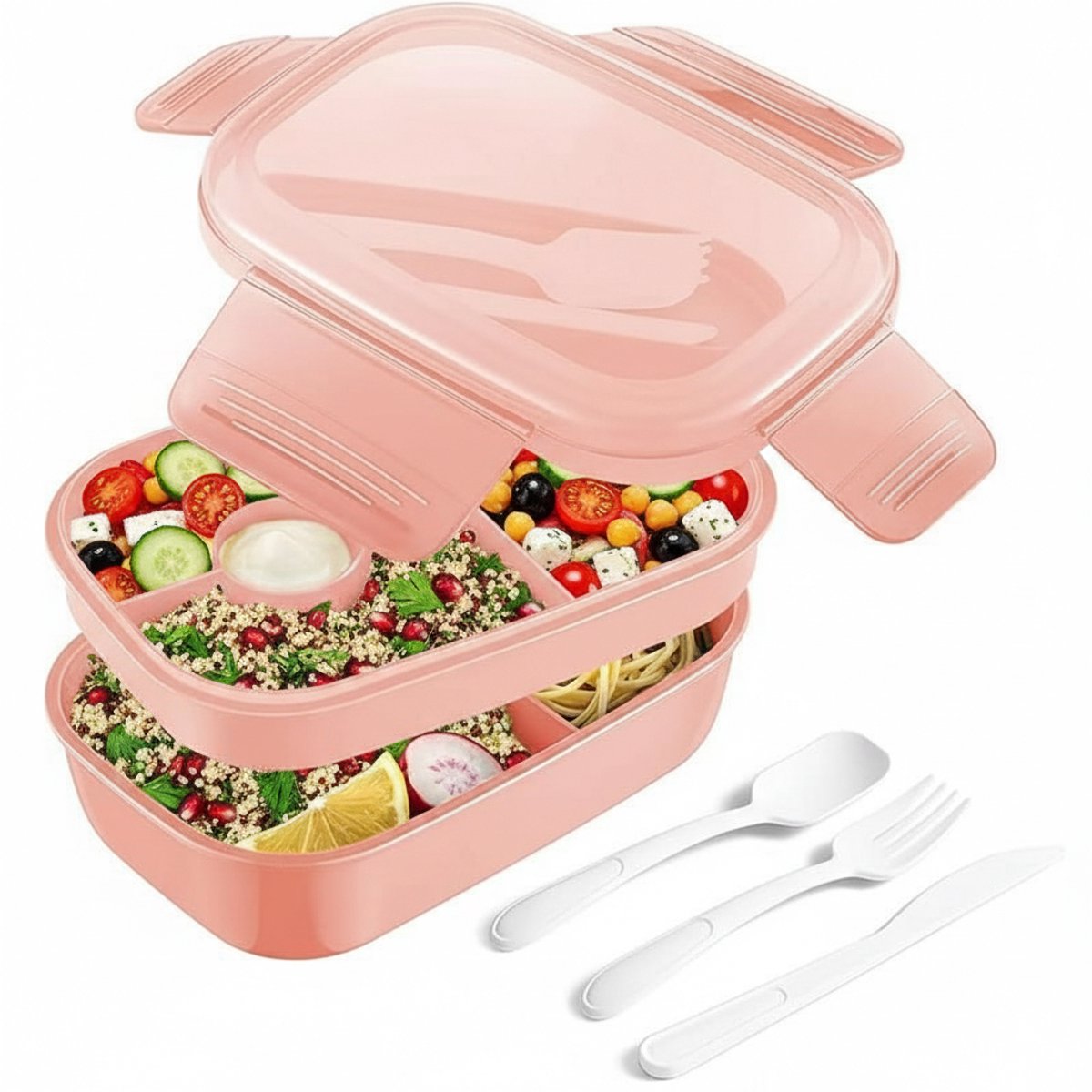 Multilevel Lunchbox met 8 Compartimenten – 1650 ml, Lekvrij, BPA-vrij, Inclusief Bestek, Vaatwasser- en Magnetronbestendig – Roze