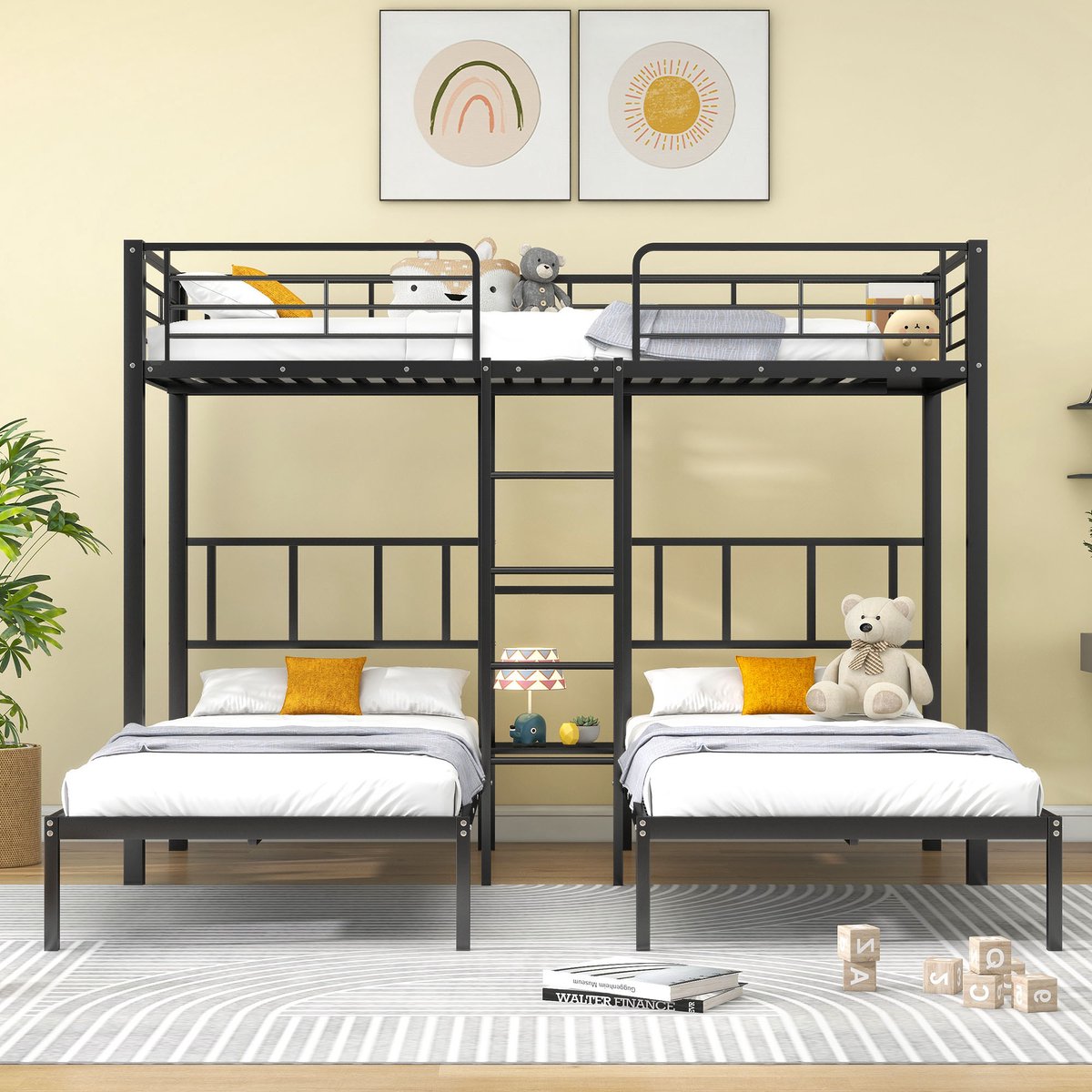 FloraGrace Driepersoons Stapelbed 90x200cm - Met Veilige Ladder En Valbeveiliging - Met Tafel En Opbergrek - Voor Kinderen En Tieners - Metaal - Zonder Matras - Zwart