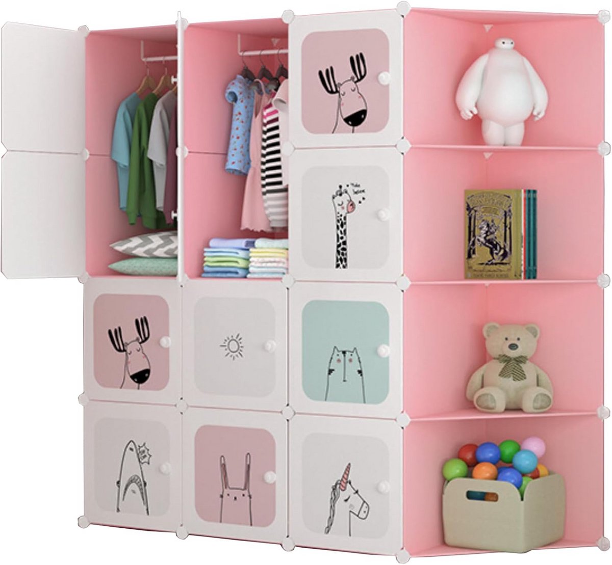 Grote Modulaire Kinderkledingkast met 16 Vakken voor Kleding en Speelgoed - Roze