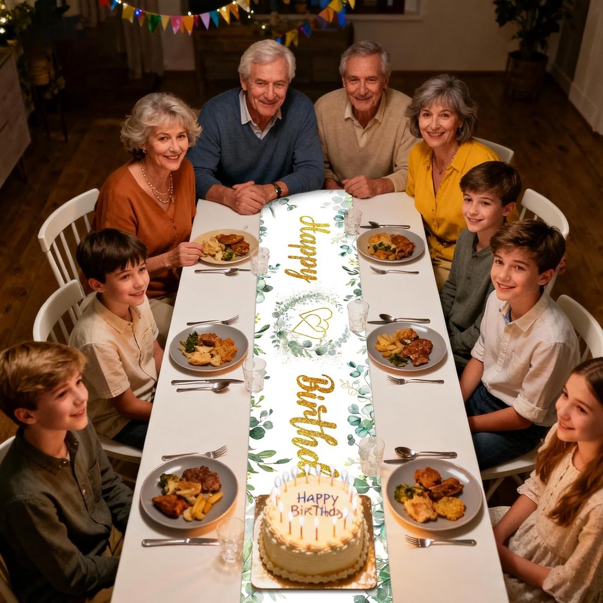 Tafelloper Happy Birthday Eucalyptus Groen 180x35 cm