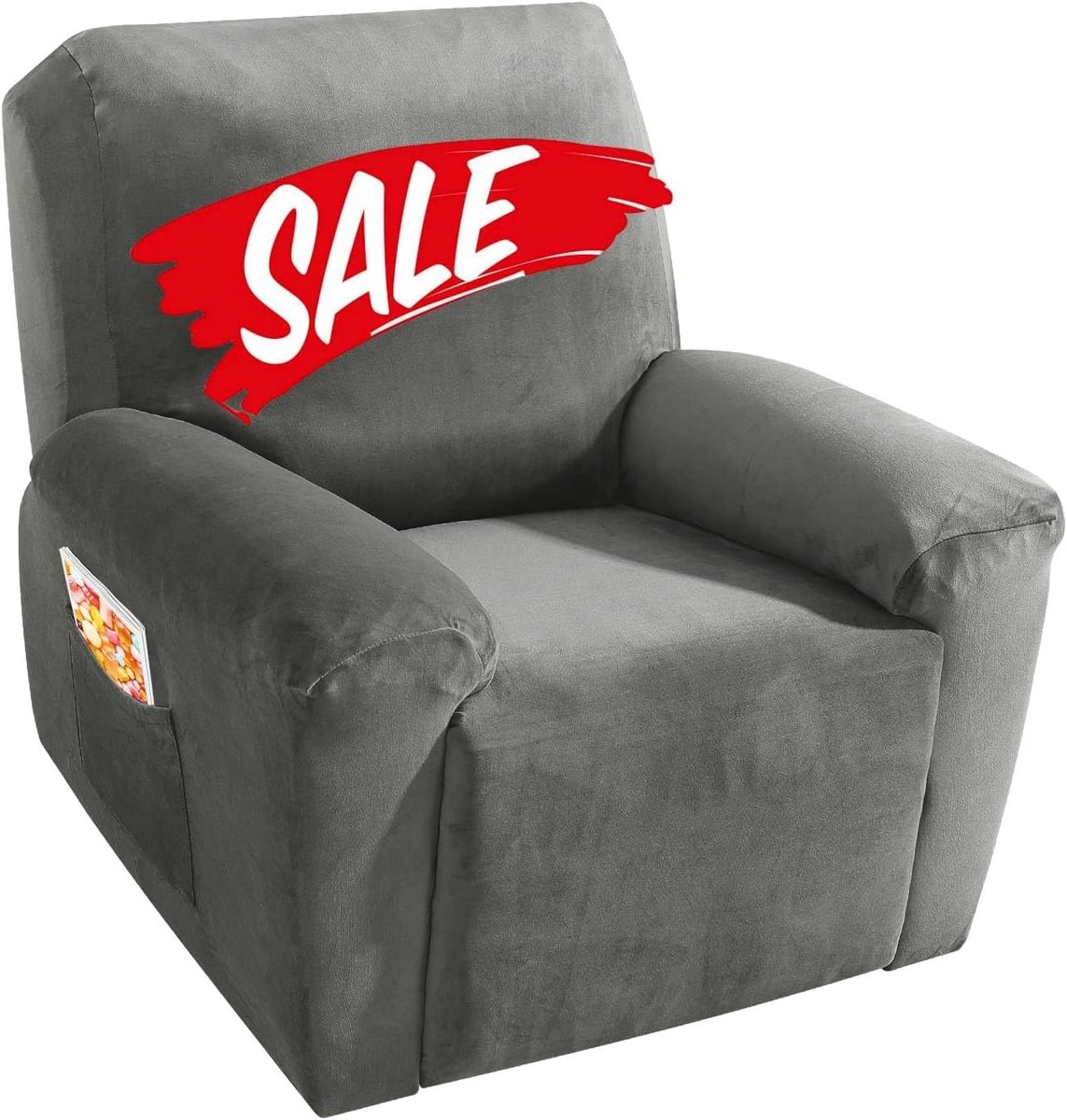 Famanu 4 Delige Stretch Hoes voor Fauteuil Pluche Zachte Dikke Stoelhoes Met Zijvak Ligstoel Grijs