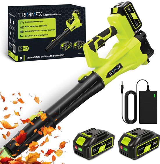 Trimmex Accu Bladblazer 20V – blazer - luchtsnelheid 260 km/u - extra krachtige 2x 4.0Ah accu - Groen