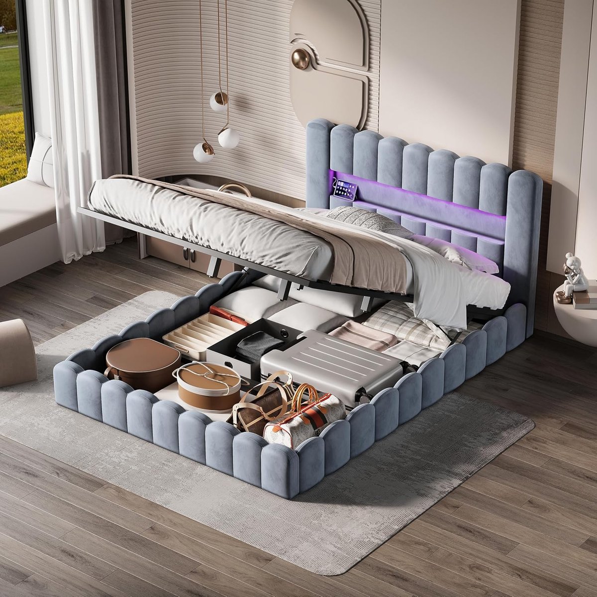 Tweepersoonsbed met opbergruimte - Gestoffeerd bedframe - Moderne slaapkamer - Geïntegreerde LED en USB - 180x200 cm - Beige